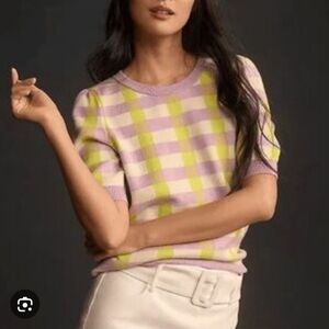 Maeve By Anthropologie Sweater Top Plaid Lavender Lime Harmon Jacquard Tee